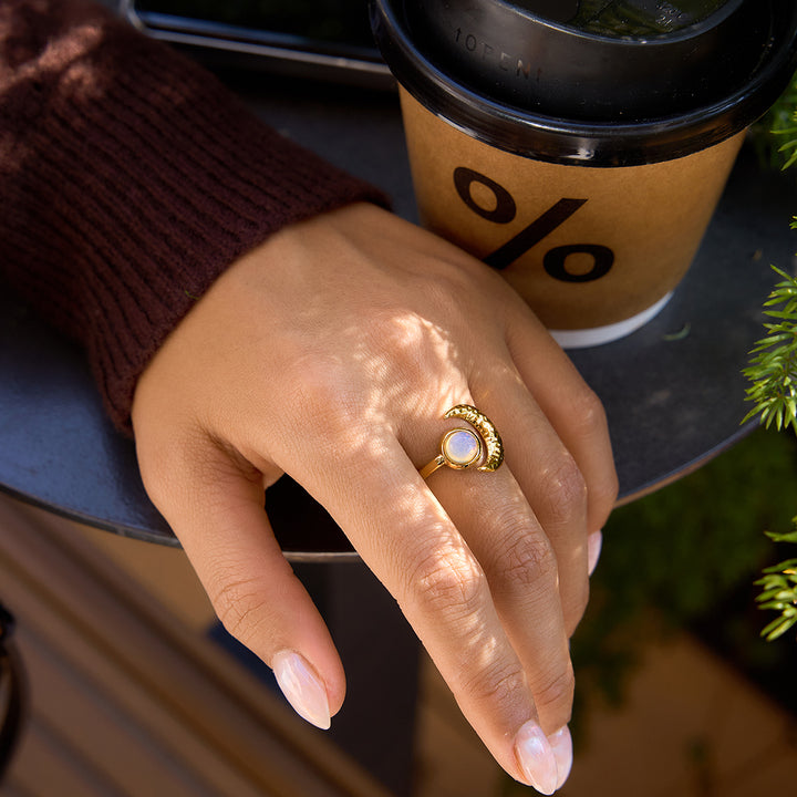 J&D Minimalist Hammered Moon Open Ring Stainless Steel 18K Gold Plated Opal Stone Inlaid Adjustable Celestial Gift for Women