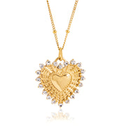 J&D 18K PVD Gold Plate Stainless Steel Necklace Classic White Zircon Ribbed Heart Pendant Necklace