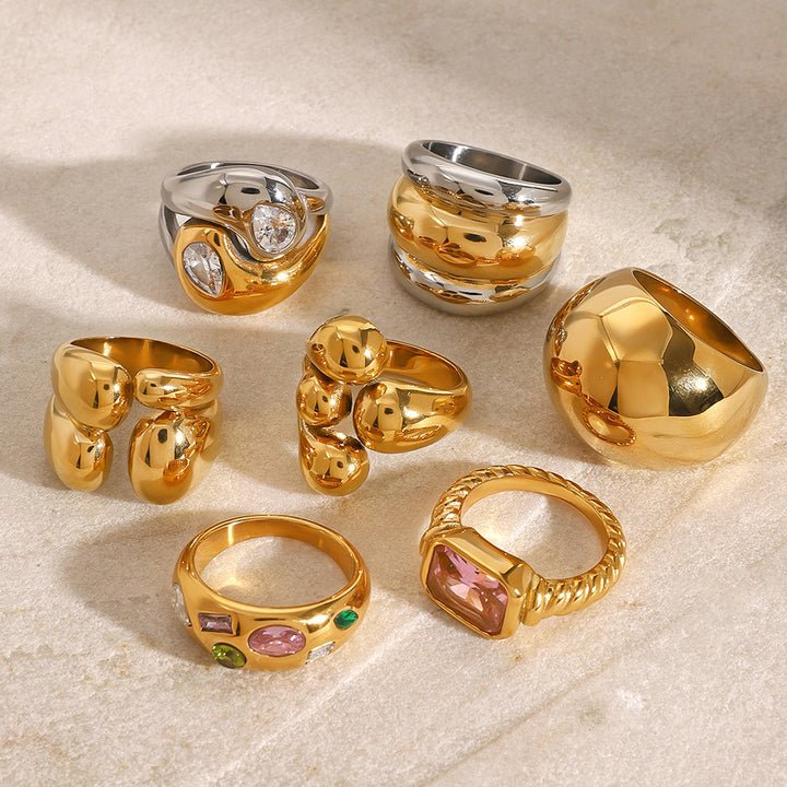 J&D Luxury Chunky Stainless Steel 18K Gold Rings Layered Two Tone Water Drop Zircon Rings Set