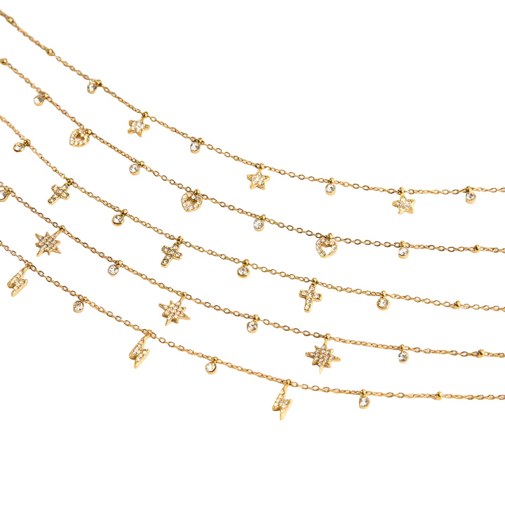 J&D Classic 18K Gold Stainless Steel Rhinestone Cross Diamond Cup Small Pendant Clip Bead Chain Necklaces