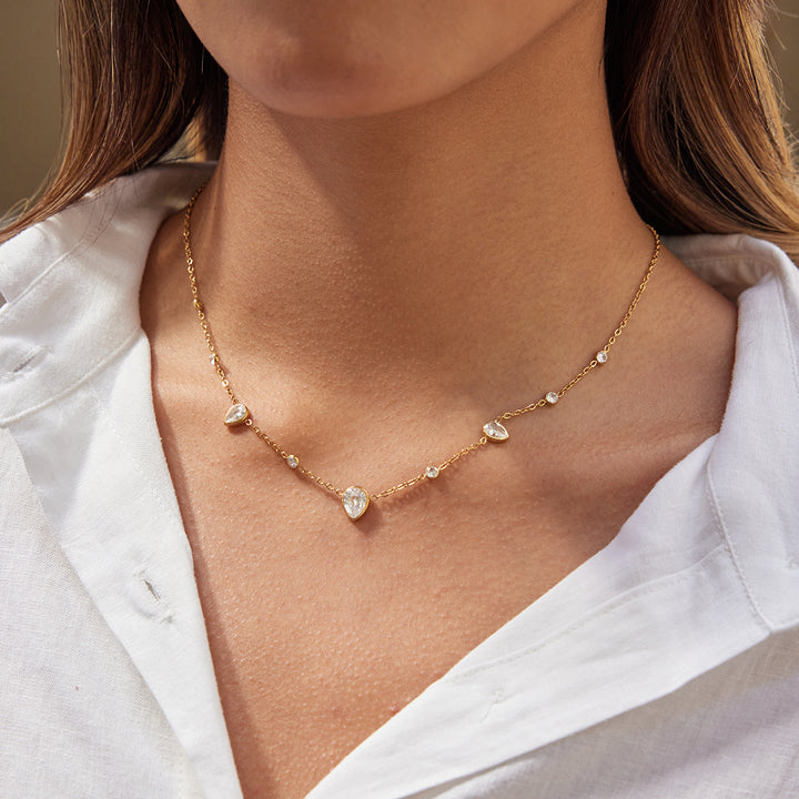 J&D 18K PVD Gold Plate Stainless Steel Necklace Trendy Classic White Teardrop-shaped Zircon Necklace