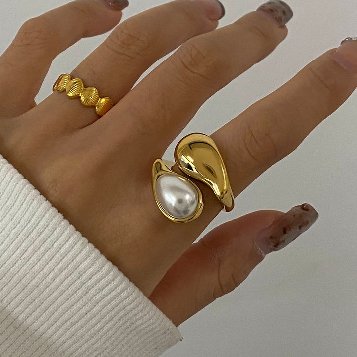 J&D Elegant Style Faux Pearl Drop Ring 18K Gold Stainless Steel Waterdrop Inlaid Minimalist Fashion Open Ring for Women