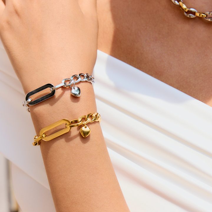 JD Trendy Minimalist Stainless Steel Chain Bracelet with Thin Heart Charm Oval Link Bracelet OT Clasp Stackable Jewelry