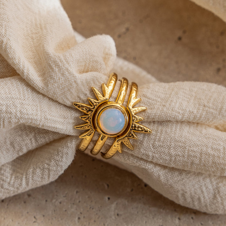 J&D Elegant Opal Inlay Stackable Ring Set Gold Plated Sunburst Design Adjustable Open Cuffs Celestial Jewelry Trio
