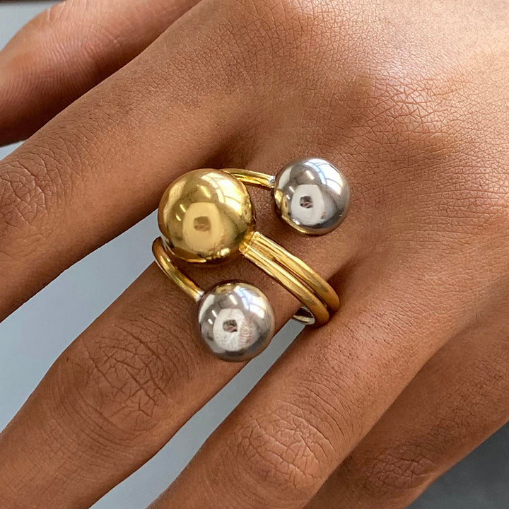 J&D Minimalist 18k Gold Stainless Steel Two Tone Mixed Color Three Layer Line Steel Ball Open Rings