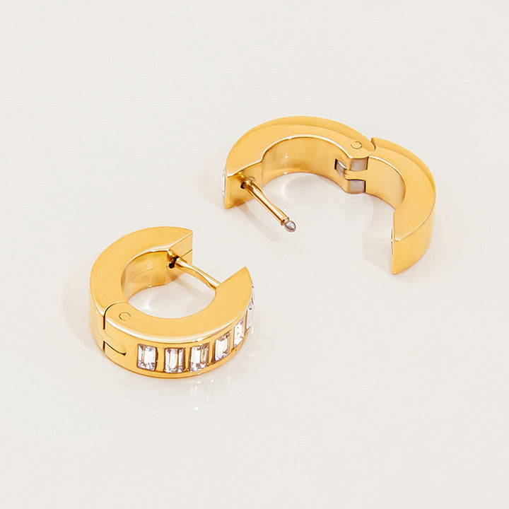 J&D Stainless Steel Waterproof 18K PVD Gold Plating Crystal Rectangle Stone 15MM Small Huggie Earrings