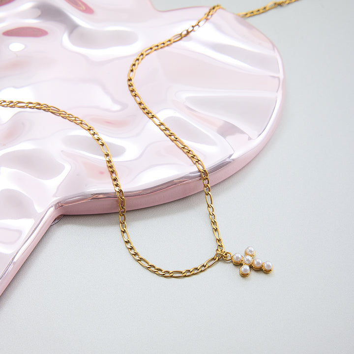 J&D Classic 18K Gold Stainless Steel Glass Pearl Small Cross Pendant Necklaces for Women