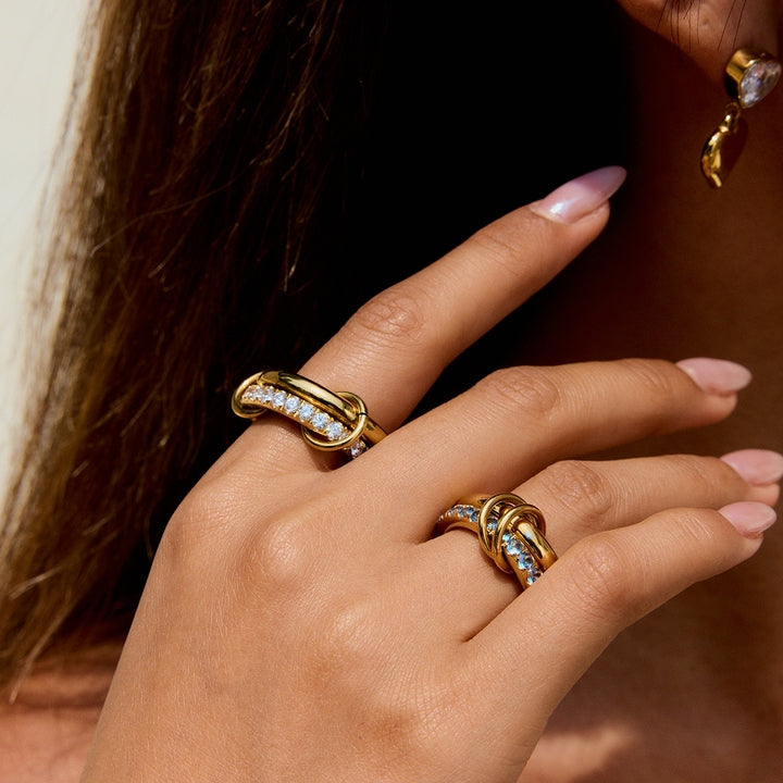JD 18K PVD Gold Plate Stainless Steel Rings Sweet Romantic Spinel Double Layer Interlocking Ring