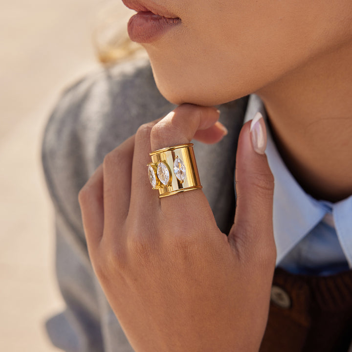 J&D 18K Gold Stainless Steel Classic Marquise Stone Open Ring - 18K Gold Plated Adjustable Band