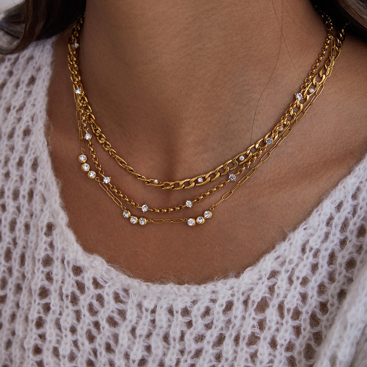 J&D Classic Zirconia Necklace 18k Gold Stainless Steel Fashion Zirconia Paper Clip Link Chain Cubic CZ Figaro Chain Necklace
