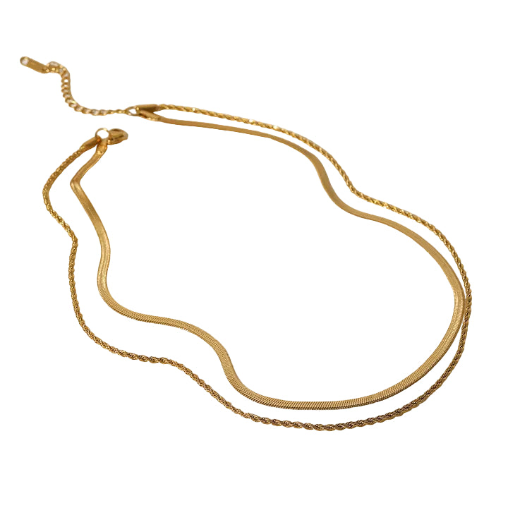 J&D Jewelry Waterproof 18K PVD Gold Plating Also Silver Colorway Two Layers Rope Flat Snake Chain Necklace