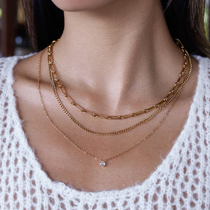 J&D Stainless Steel 18K PVD Gold Plating Three Layers Cuban Paper Clip O Shape Chain CZ Cubic Zircon Necklace