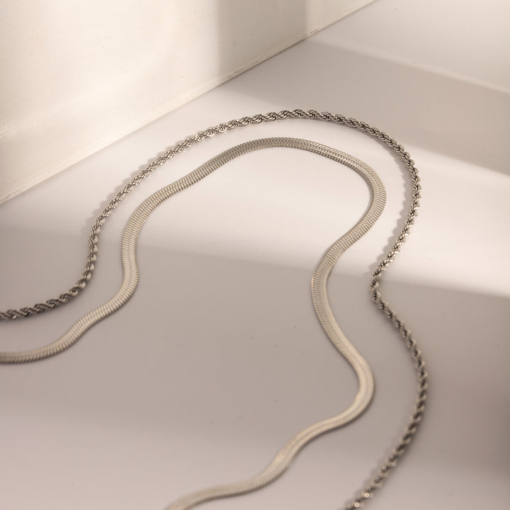 J&D Jewelry Waterproof 18K PVD Gold Plating Also Silver Colorway Two Layers Rope Flat Snake Chain Necklace