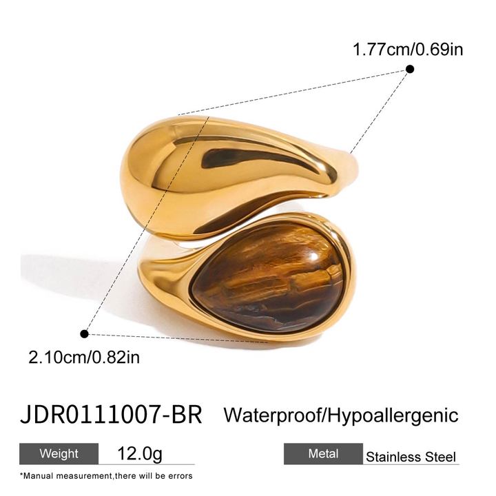 J&D Elegant Style Tiger Eye Stone Drop Ring 18K Gold Stainless Steel Waterdrop Inlaid Fashionable Open Ring Jewelry