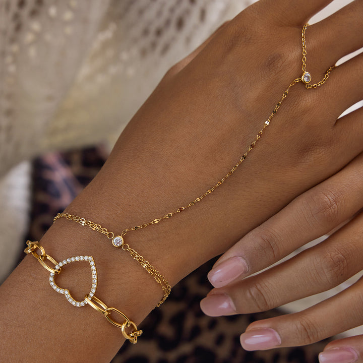 J&D New Arrival Women's Stainless Steel Bracelet Chain and Finger Zircon Bracelet Jewelry