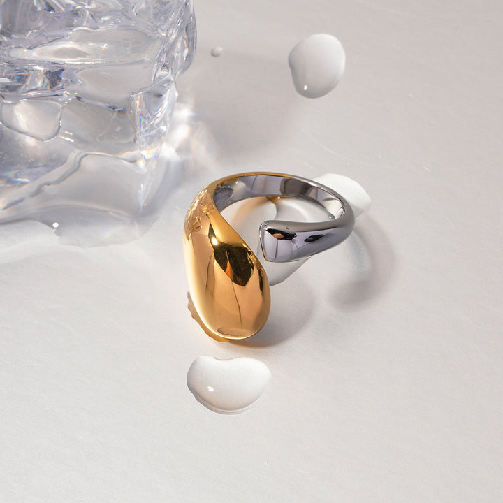 J&D Design Two-tones Ring 18K PVD Gold Plated Stainless Steel Ring Two Tone Colorblock Cross Asymmetric Open Ring
