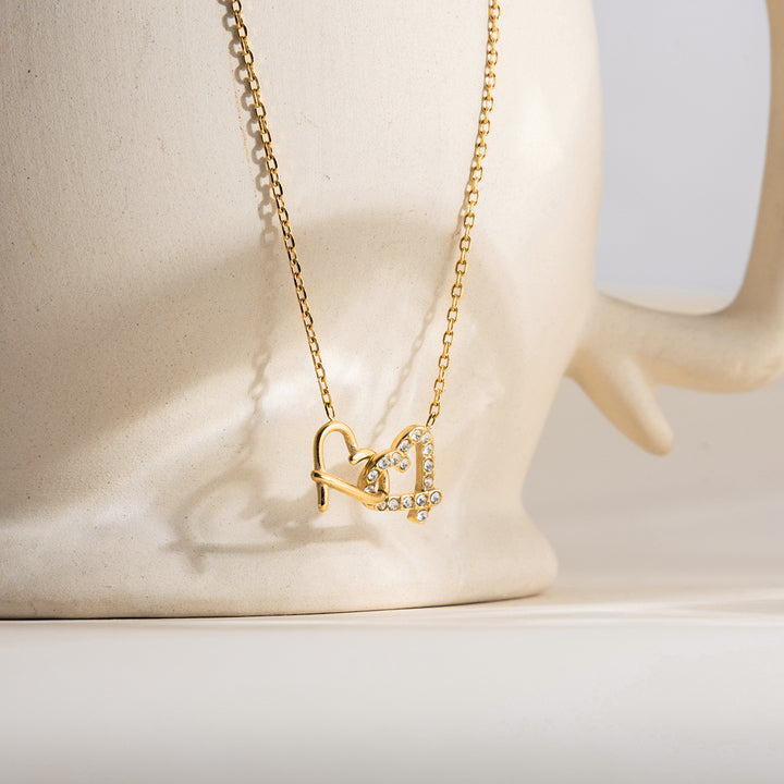 J&D 18K Gold Plate Stainless Steel Necklace Classic Zircon Heart Double-ring Interlocking Pendant Necklace