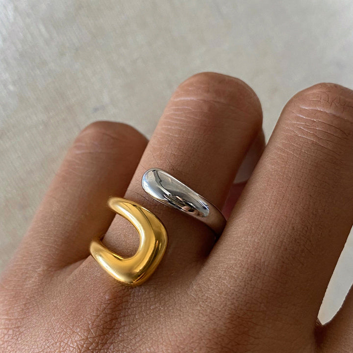 J&D Design Two-tones Ring 18K PVD Gold Plated Stainless Steel Ring Two Tone Colorblock Cross Asymmetric Open Ring