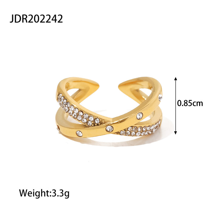 18K Gold Plated Stainless Steel Double Layer Zircon X Cross Opening Rings Jewelry Gift for Women