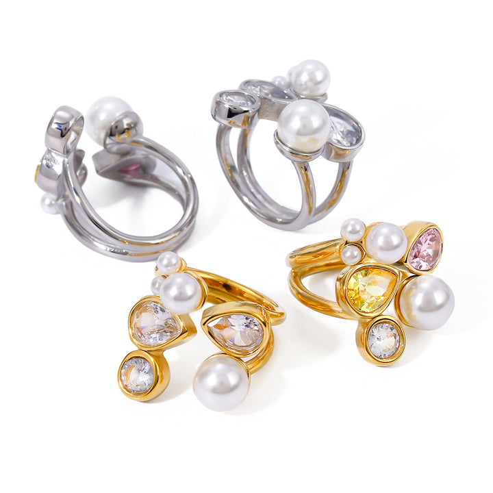 J&D18K Gold IP Plateding Stainless Steel Irregular Crystal Round Teardrop Pearl Zircon Ring for Women