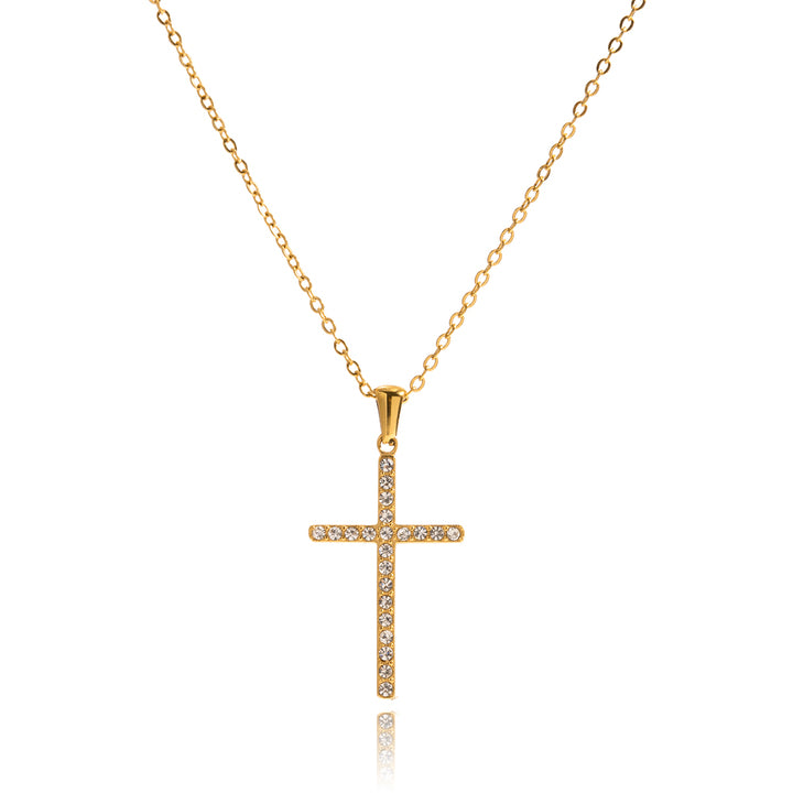 J&D Jewelry Waterproof Stainless Steel 18K PVD Gold Plating Cable Chain White Transparent Pave Cross Necklace