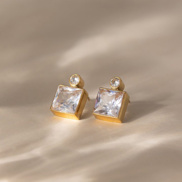 J&D Elegant Mixed Shape CZ Stud Earrings Teardrop and Rectangular Geometric Design 18K Gold Plated Stainless Steel Earrings
