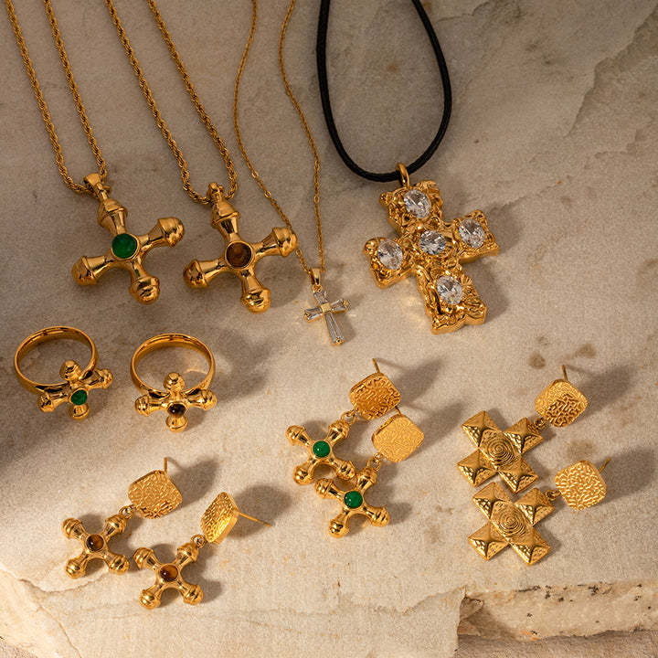 J&D Jewelry Natural Agate Stone Cross Earring Necklace 18K PVD Gold Plated Blingbling CZ Earring Necklace Set
