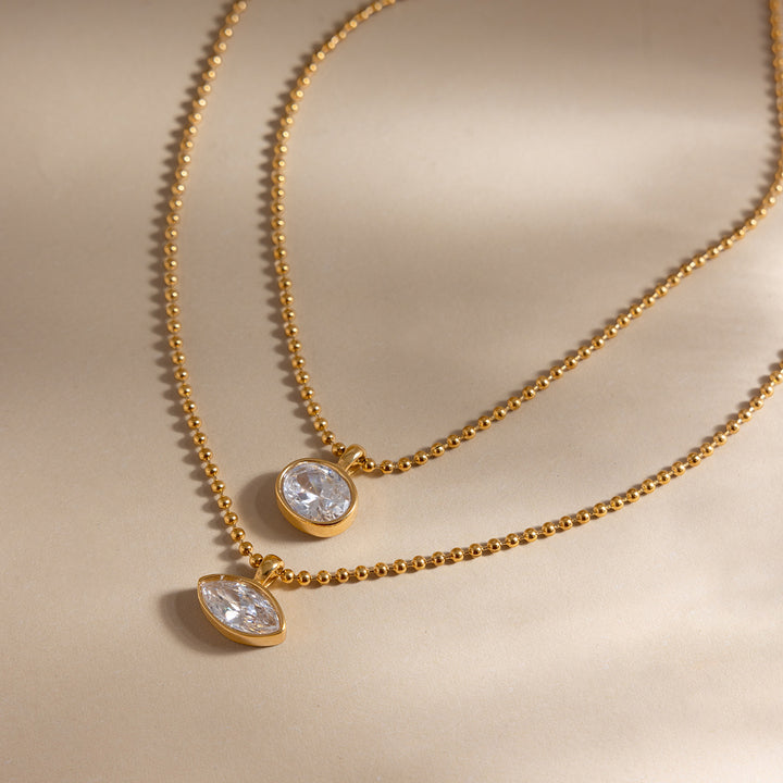 J&D Oval Marquise White CZ Stainless Steel 18K Gold Plated Classic Statement Ball Chain Necklace Gift for Women Daily Office