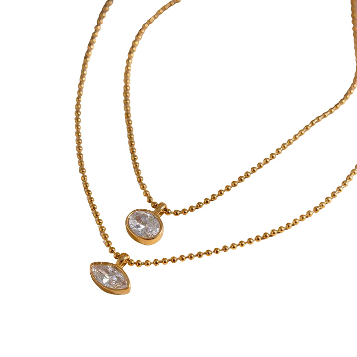 J&D Oval Marquise White CZ Stainless Steel 18K Gold Plated Classic Statement Ball Chain Necklace Gift for Women Daily Office
