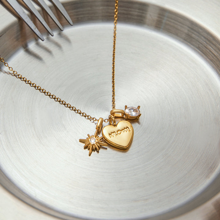J&D 18K PVD Gold Plate Stainless Steel Necklace Love MOM White Zircon Star Heart Pendant Necklace