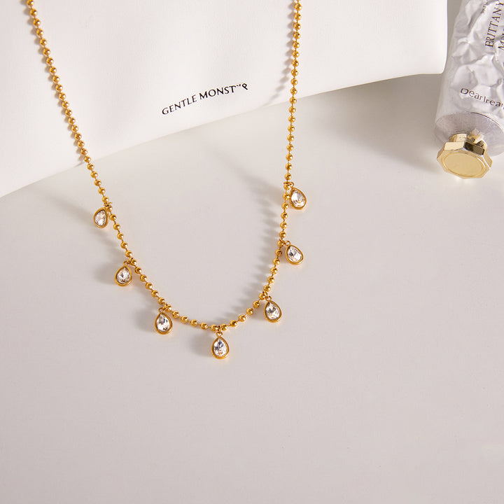 J&D 18K PVD Gold Plate Stainless Steel Necklace Trendy Classic Teardrop-shaped Zircon Pendant Necklace