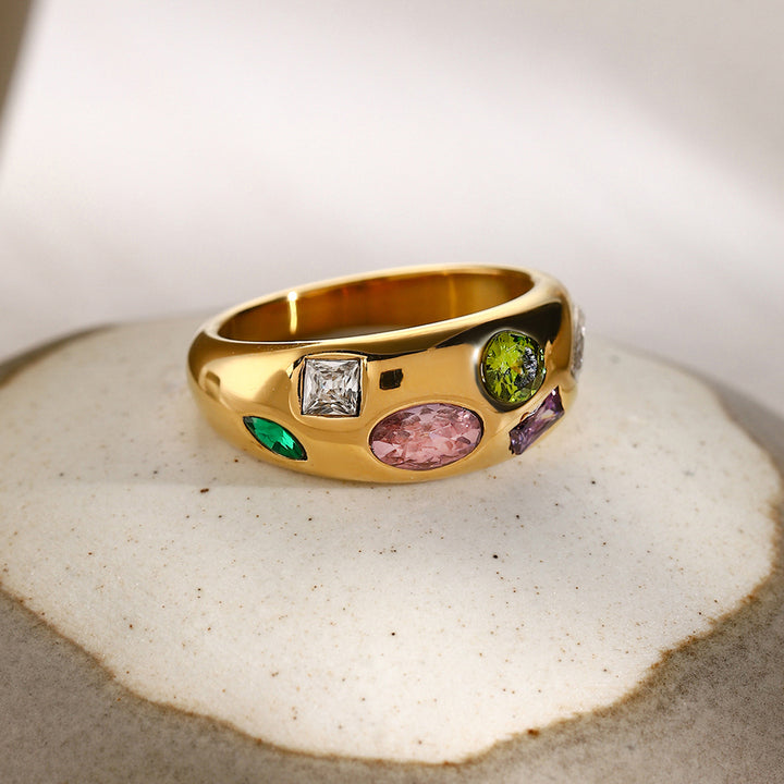 J&D New Trendy 18k Gold Plated Stainless Steel Jewelry Wide Chunky Colorful Cubic Zircon Stone Ring