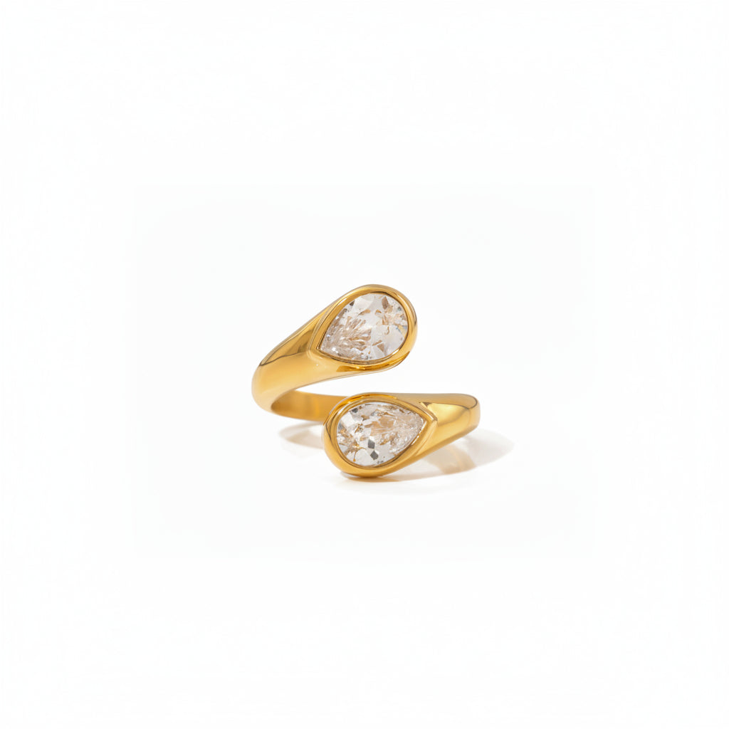 J&D Dainty Luxury Stainless Steel Women Jewelry Rings 18K Gold Asymmetric Water Drop Zircon Open Rings