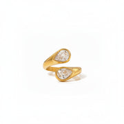 J&D Dainty Luxury Stainless Steel Women Jewelry Rings 18K Gold Asymmetric Water Drop Zircon Open Rings