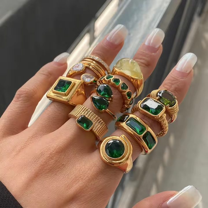 J&D Fashionable Minimalist 18K Gold Plated Statement Stainless Steel Summer Green Ring