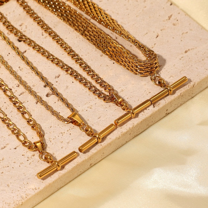 New 18K Figaro Cuban Chain T-bar Pendant Necklace Stainless Steel T-bar Pendant Necklace for Women
