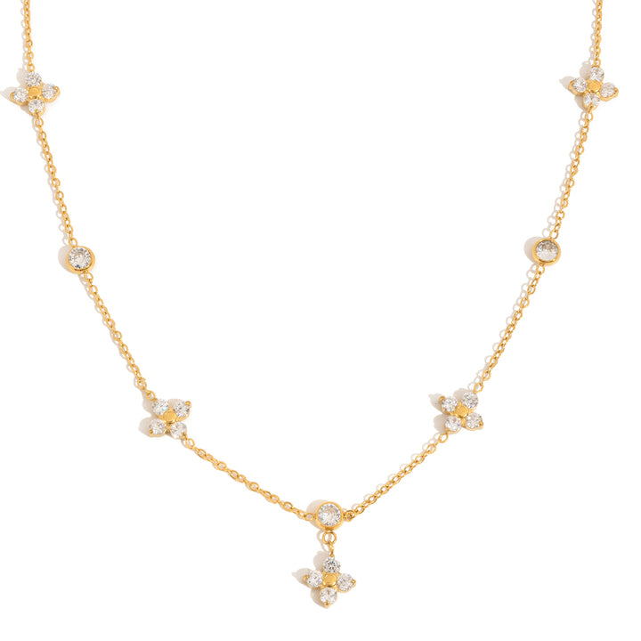 J&D 18K PVD Gold Plate Stainless Steel Necklace Trendy Classic White Zircon Four-leaf Clover Necklace