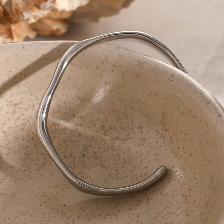 J&D Stainless Steel Fine Wave Open Bangle Bracelet Minimalist Design