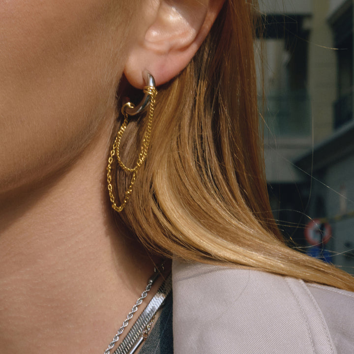 J&D Minimalist Fashion Two Tone Hoop Earring 18K Gold Stainless Steel Classic Bicolor Chain CC Hoop Tassel Earring