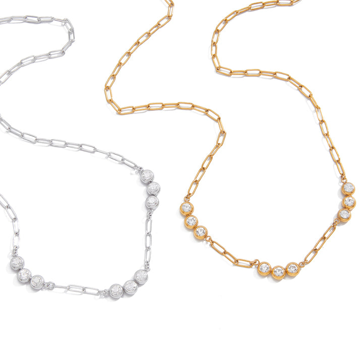 J&D 18K PVD Gold Plate Stainless Steel Chain Minimalist Classic White Cubic Zirconia Paperclip Necklace