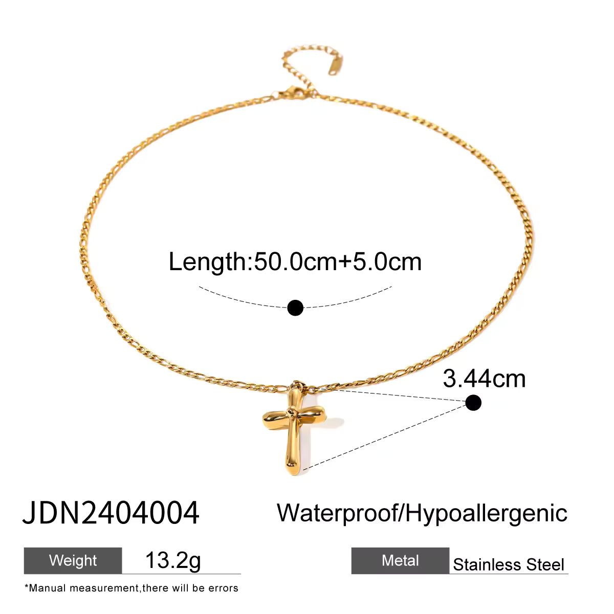 18K Gold Plated Stainless Steel Cross Necklace 50+5cm Snake Chain with Pearl Trendy Geometric Style for Gift