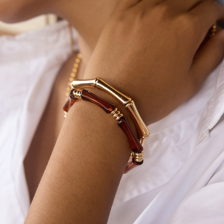 J&D Vintage Resin Bamboo Bangles UV Gold Plated Leopard Amber Resin Bamboo Joint Bangle Bracelets 2pcs Set