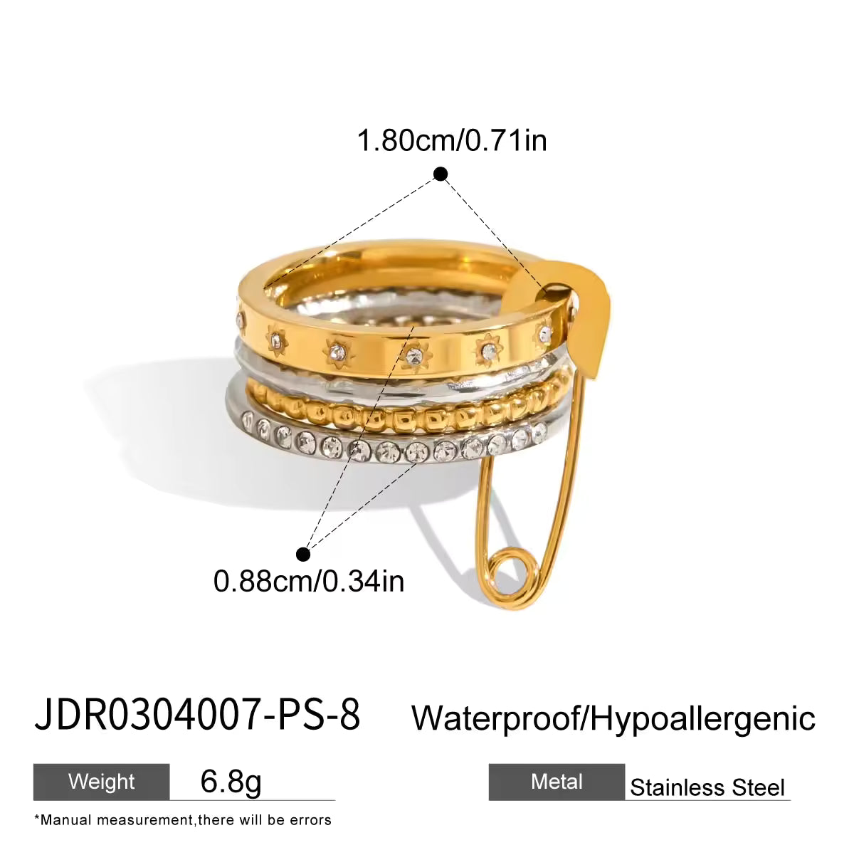 18K Gold Plate Stainless Steel Rings Classic Gold and Silver Twist Paper Clip Multi-layer Stacking Rhinestone Ring