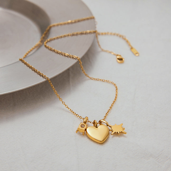 J&D 18K PVD Gold Plate Stainless Steel Necklace Love MOM White Zircon Star Heart Pendant Necklace