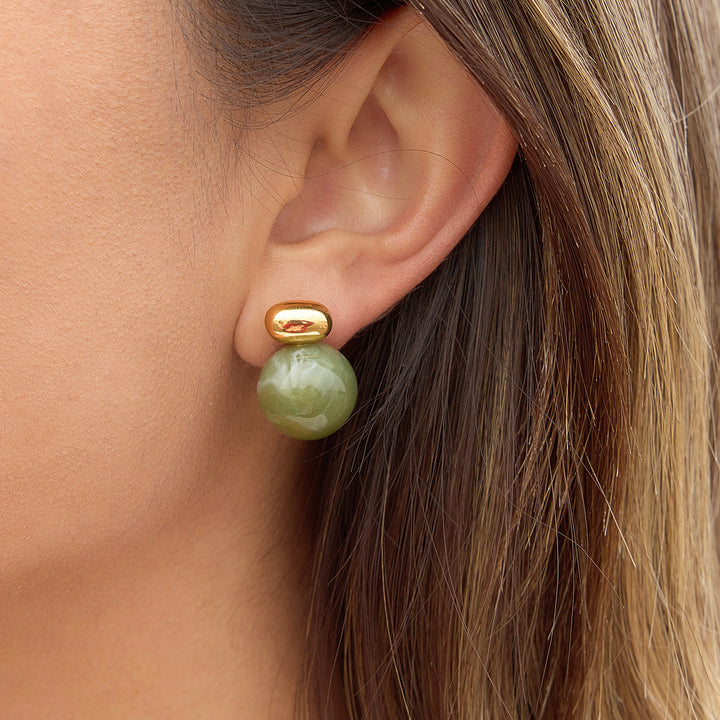 J&D Green Resin Marble Grain Stainless Steel 18K Gold Plated Vintage Statement Stud Earrings Gift for Women Daily Office Wear