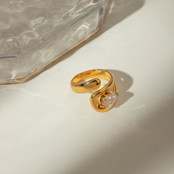 J&D 18K Gold Plated Stainless Steel Open Overlapping Water Drop Large Cubic Zirconia Ring