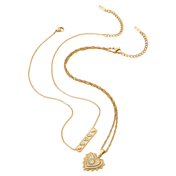J&D Women 18K Gold Plated Stainless Steel Textured Square Pendant Necklace Ribbed Heart Accent Zircon Trendy Necklace Jewelry