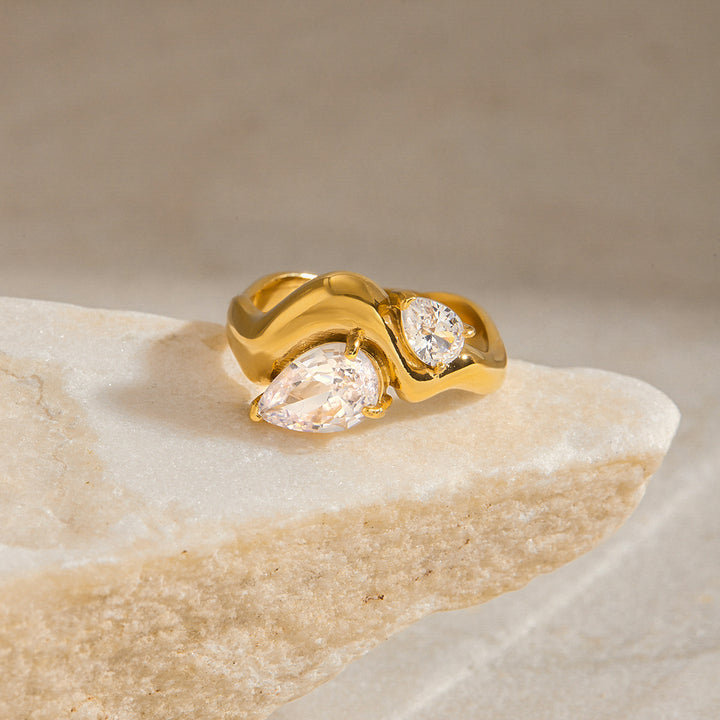 J&D Fashion Jewelry 18k Gold Plated Stainless Steel Two Zircon Undulating Band Ring Wave Women