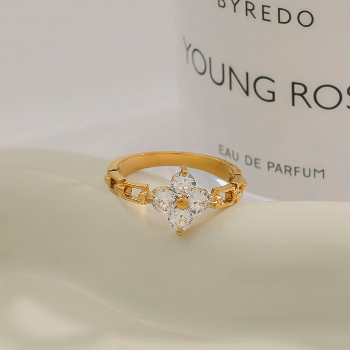 J&D Modern Luxury 18K Gold Stainless Steel Lucky Leaf Clover Zircon Watch Rings for Women