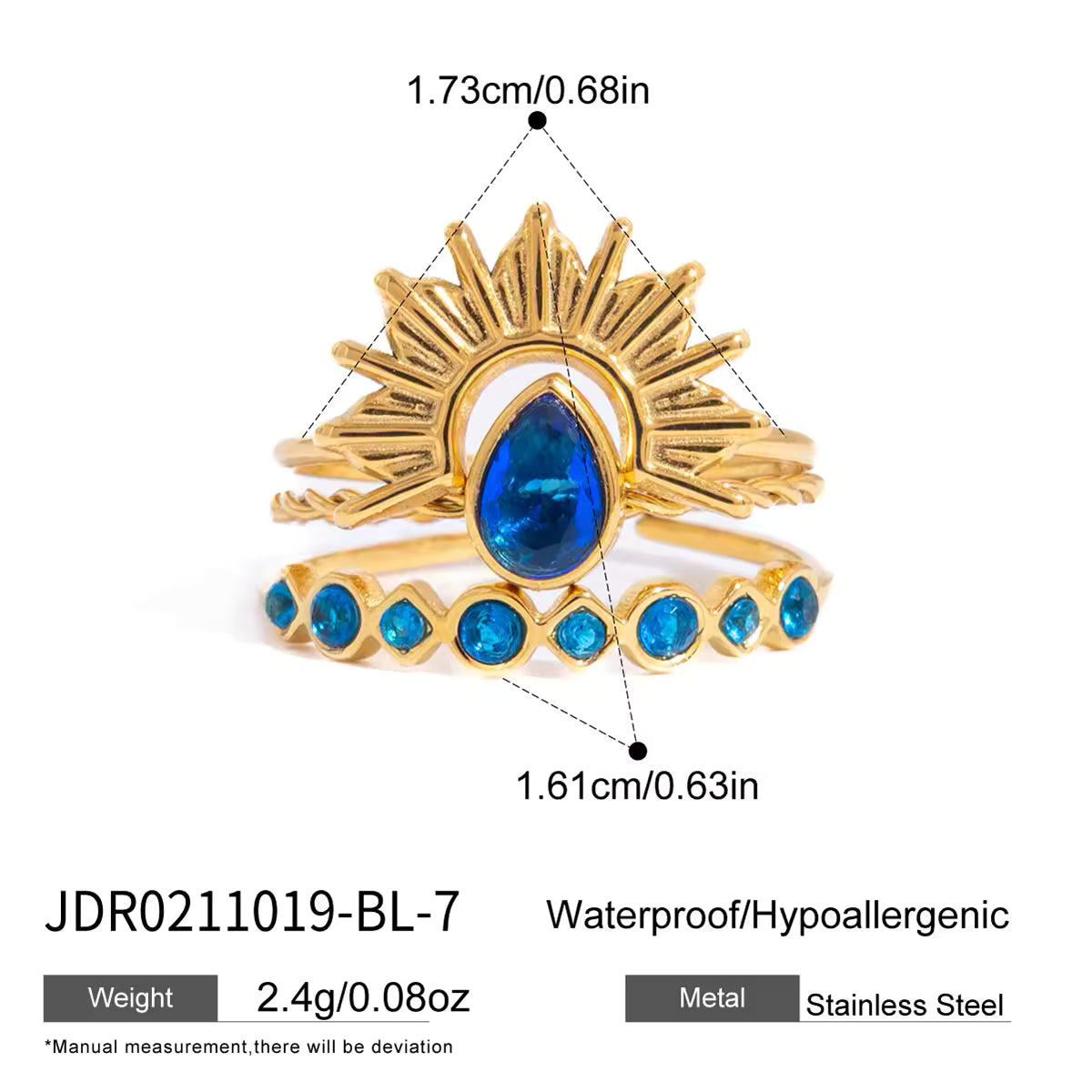 Elegant Exquisite 3 in 1 Blue CZ Ring 18K Gold Stainless Steel Ribbed Sun Teardrop Blue Zircon Stacking Ring 3pcs Set Size 7